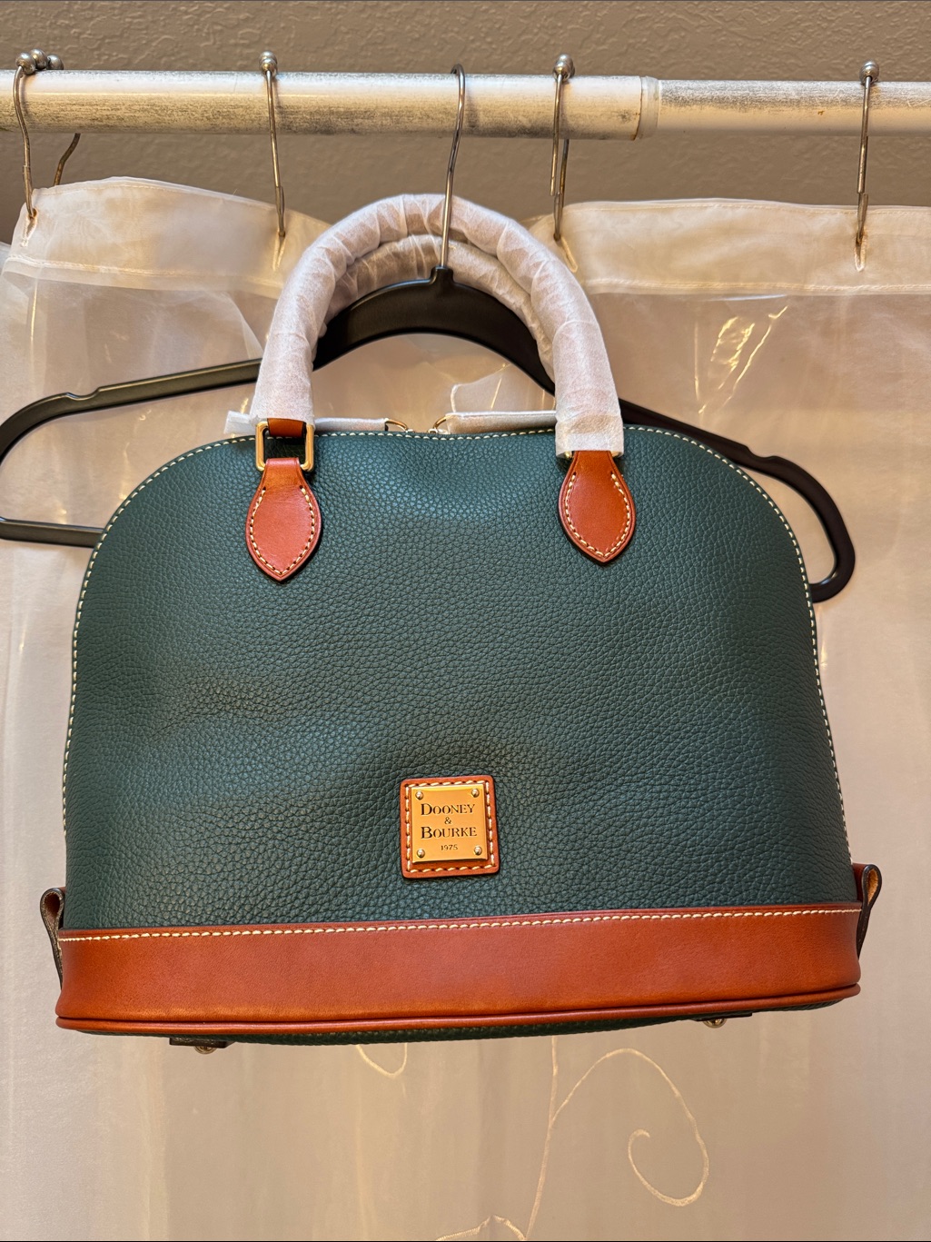 Dooney & Bourke Green Pebble Leather Satchel With Brown Trim (R343, Forest, Nwt)